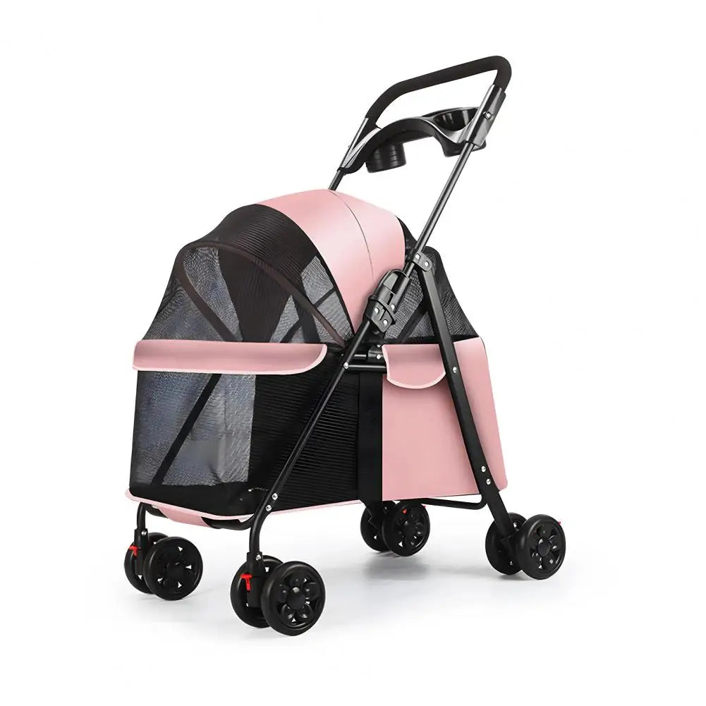Foldable Dog & Cat Stroller, 4-Wheel Pet Carrier with Visible Window, Breathable Mesh and Cup Holder