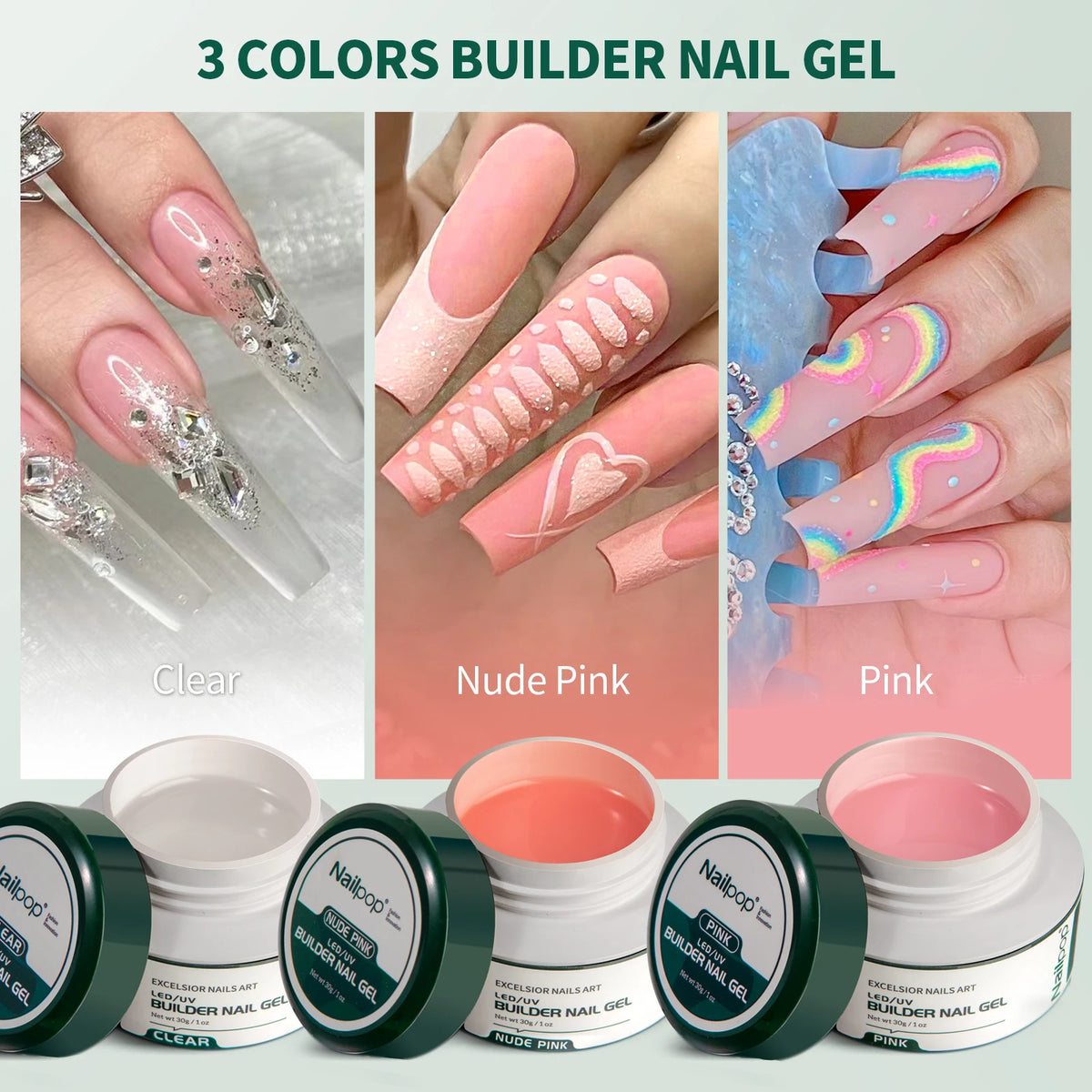 Professional Nailpop Builder Gel Set, 3-Color Pink, Nude & Clear Nail Gel for Manicure - Bond Well Supplies