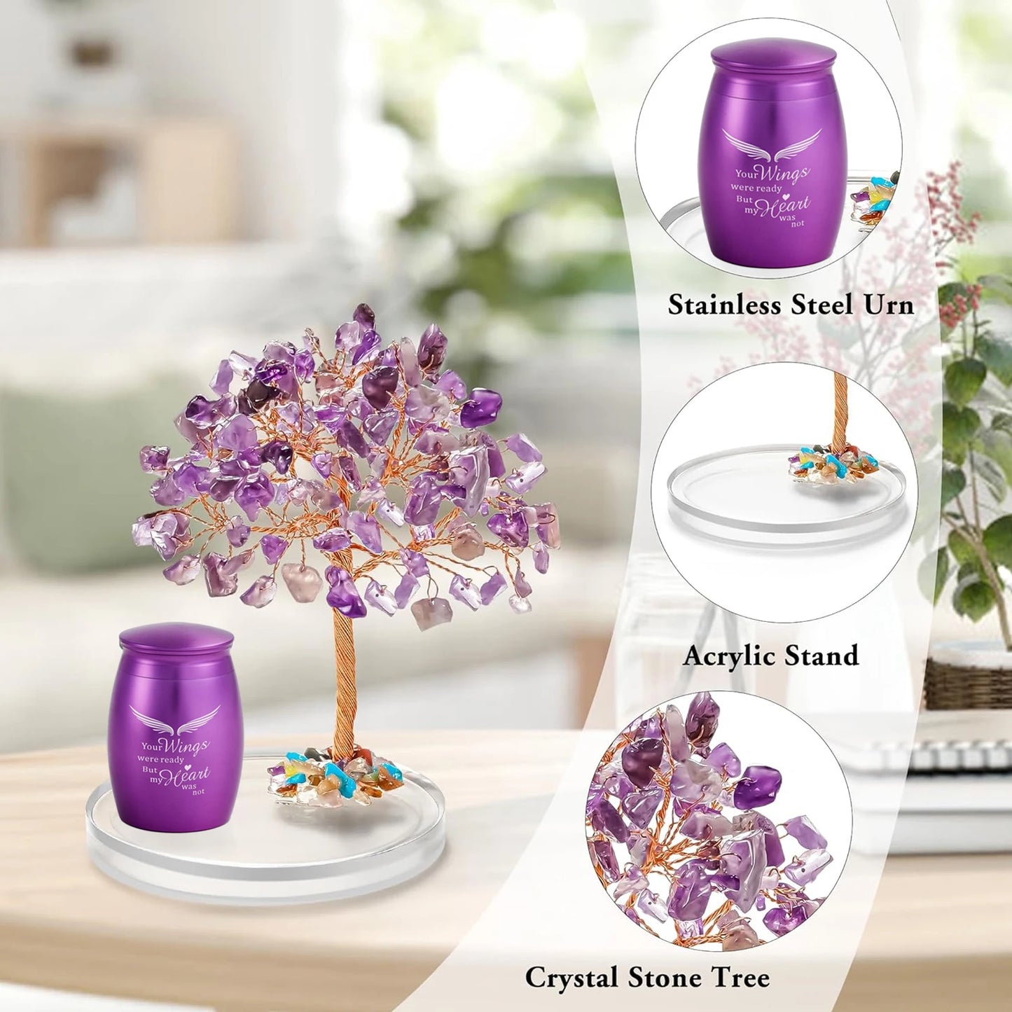 Angel Wings Keepsake Urns for Ashes, Set of 2 Mini Urns with Amethyst Crystal Tree