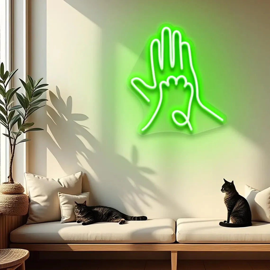 Human Hand and Paw Neon Sign, LED Hand to Paw Wall Light for Pet Lovers and Home Decor