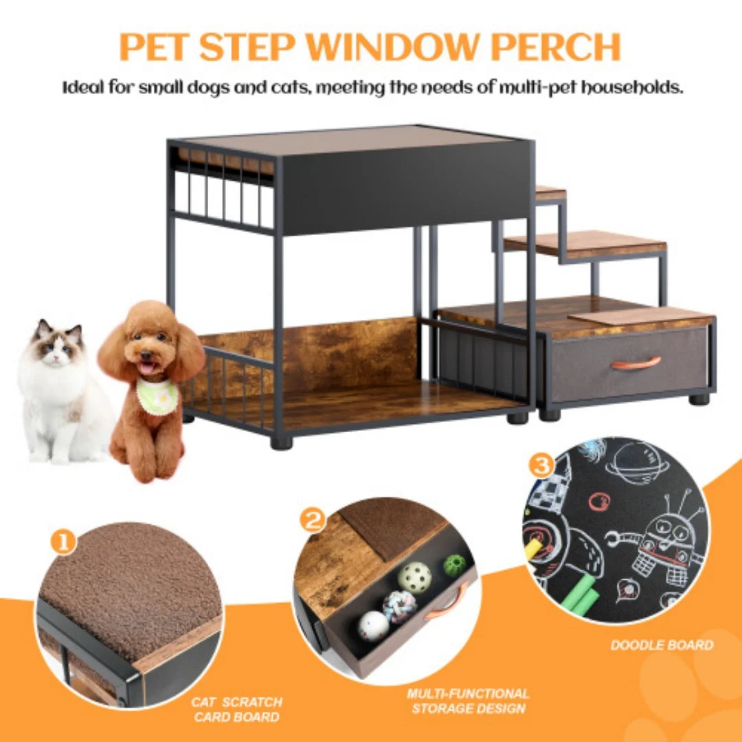 Multi-Level Dog Bunk Bed with Steps & Storage Drawer, Elevated Pet Lounge for Small & Medium Dogs & Cats - Bond Well Supplies