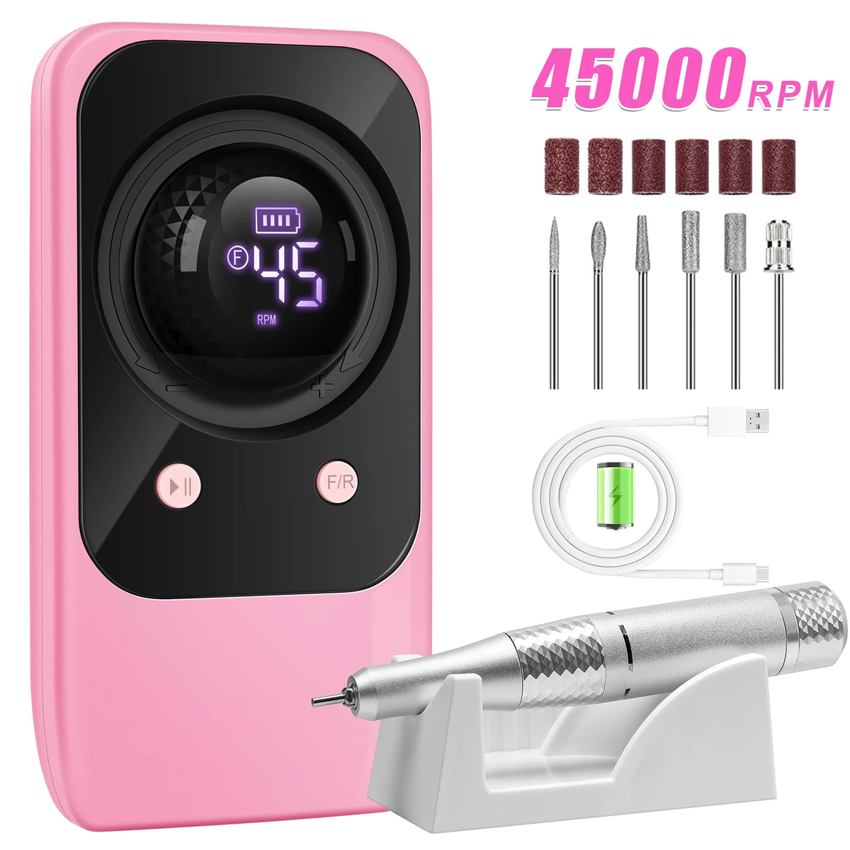 Rechargeable 45000RPM Electric Nail Drill, Portable Nail File for Acrylic Nails & Nail Art - Bond Well Supplies