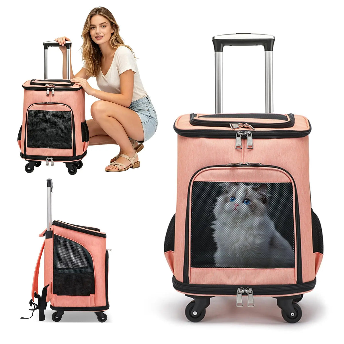 Airline-Approved Pet Carrier Backpack, 3-in-1 Rolling Design with Removable Pad for Cats & Small Dogs