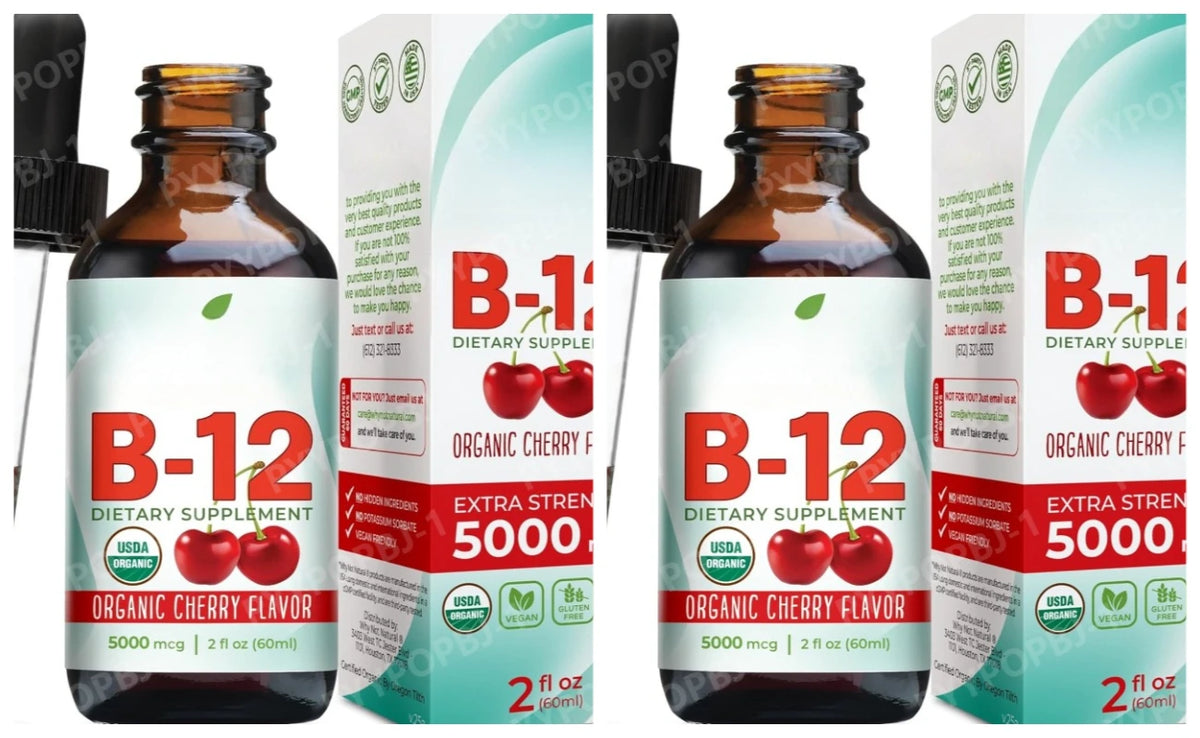 Vitamin B12 Liquid Supplement 5000mcg, Methylcobalamin Sublingual Drops, Cherry Flavor, Vegan & Sugar-Free, 60ml - Bond Well Supplies