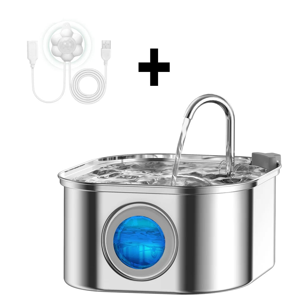 Automatic Cat Water Fountain with Sensor, 3.2L/108oz Capacity, Transparent Window & Stainless Steel - Bond Well Supplies