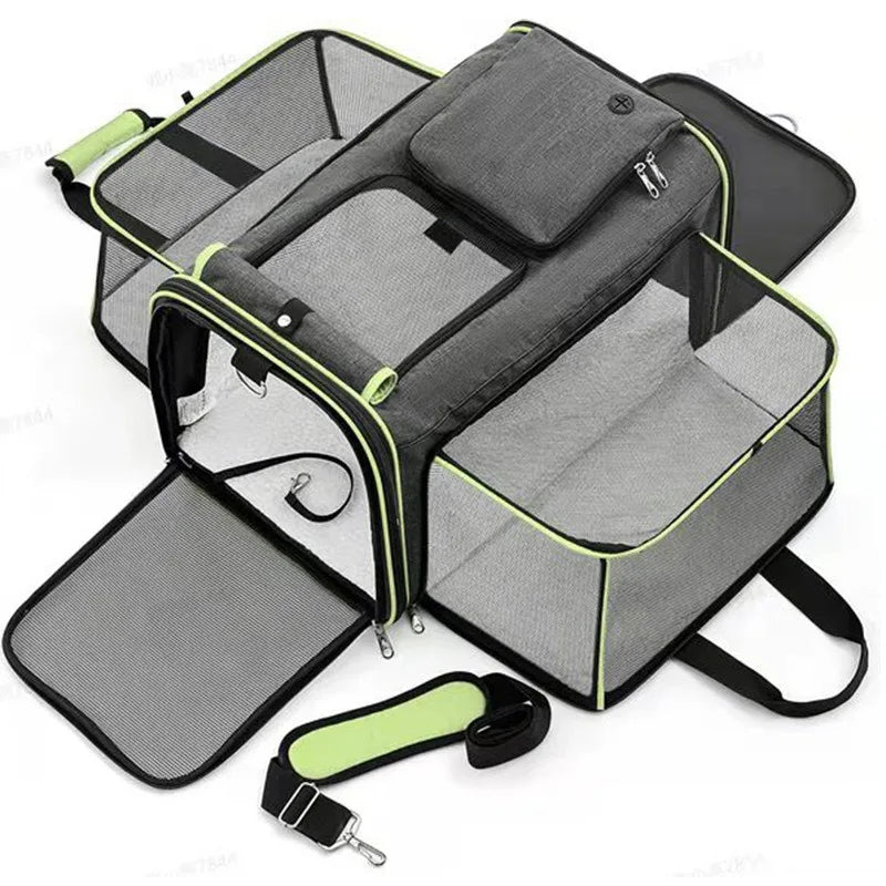 Expandable Pet Carrier for Cats & Small Dogs, Breathable Mesh Travel Tote with Luggage Strap for Car & Travel