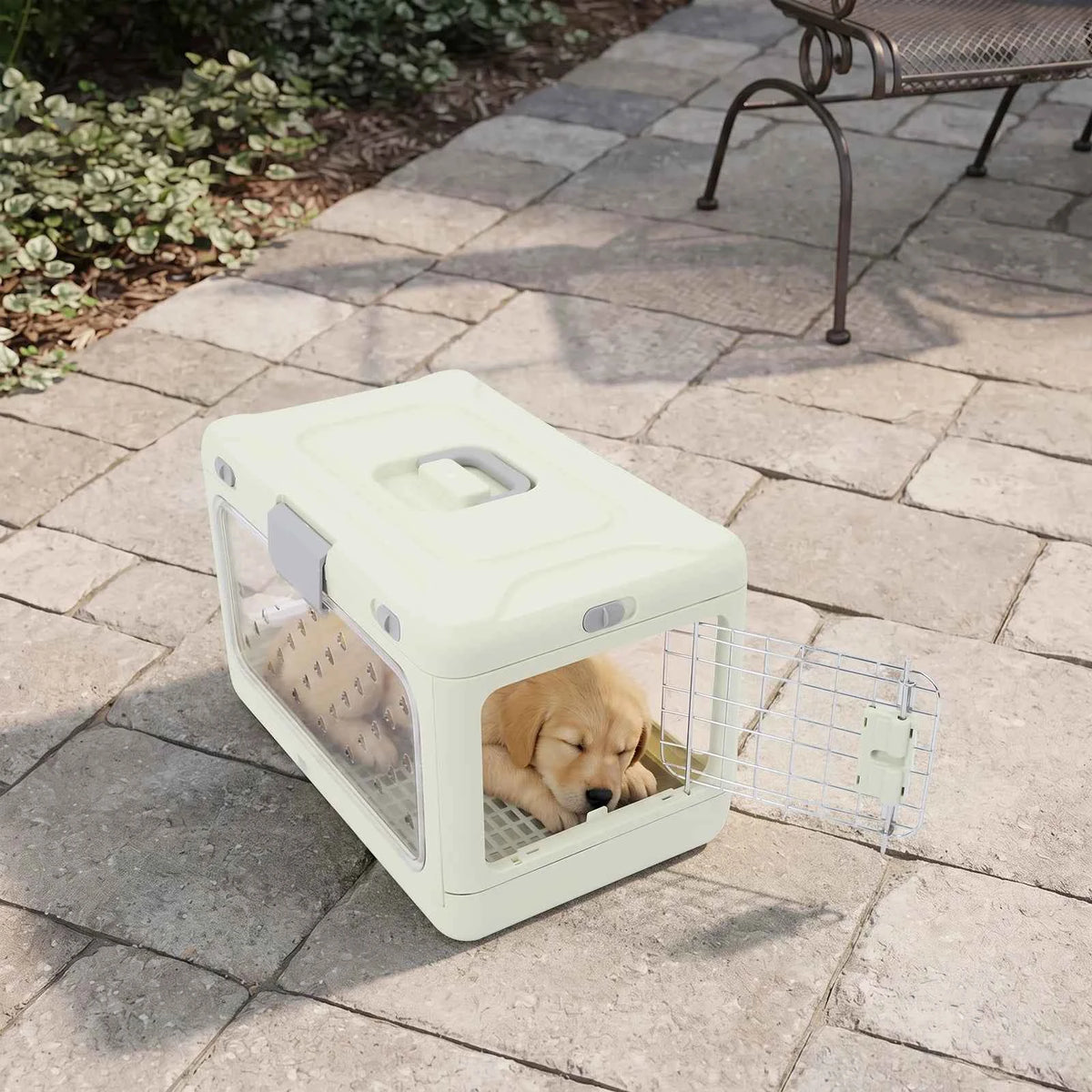 Light Green Foldable Pet Carrier, Hard PP & Iron Travel Cage for Cats and Small Dogs, 44 lb Capacity