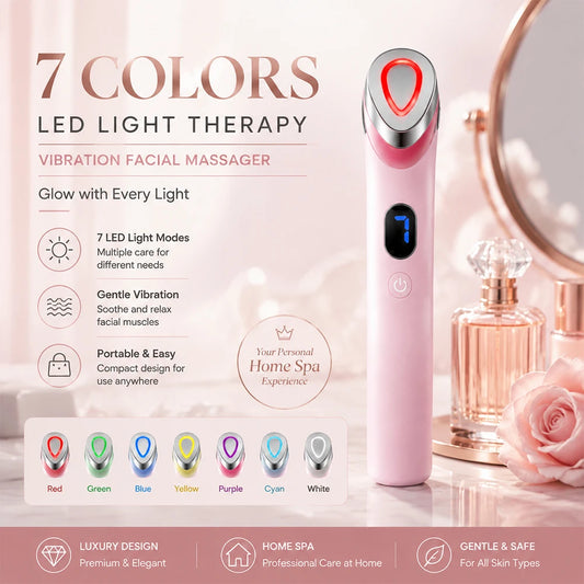 Portable 7-Color LED Face Massager, Vibration Skin Care Beauty Device with USB Rechargeable Design - Bond Well Supplies