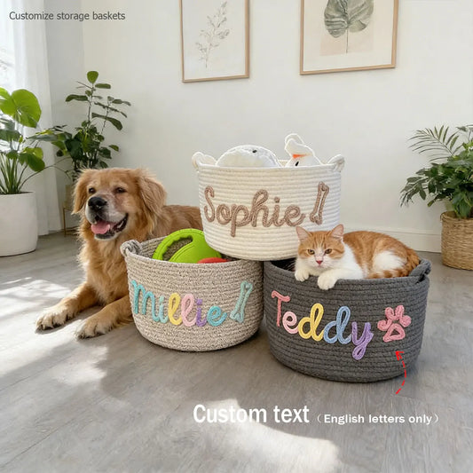 Personalized Cotton Rope Dog Toy Basket, Pet Toy Storage Basket with Custom Name - Bond Well Supplies