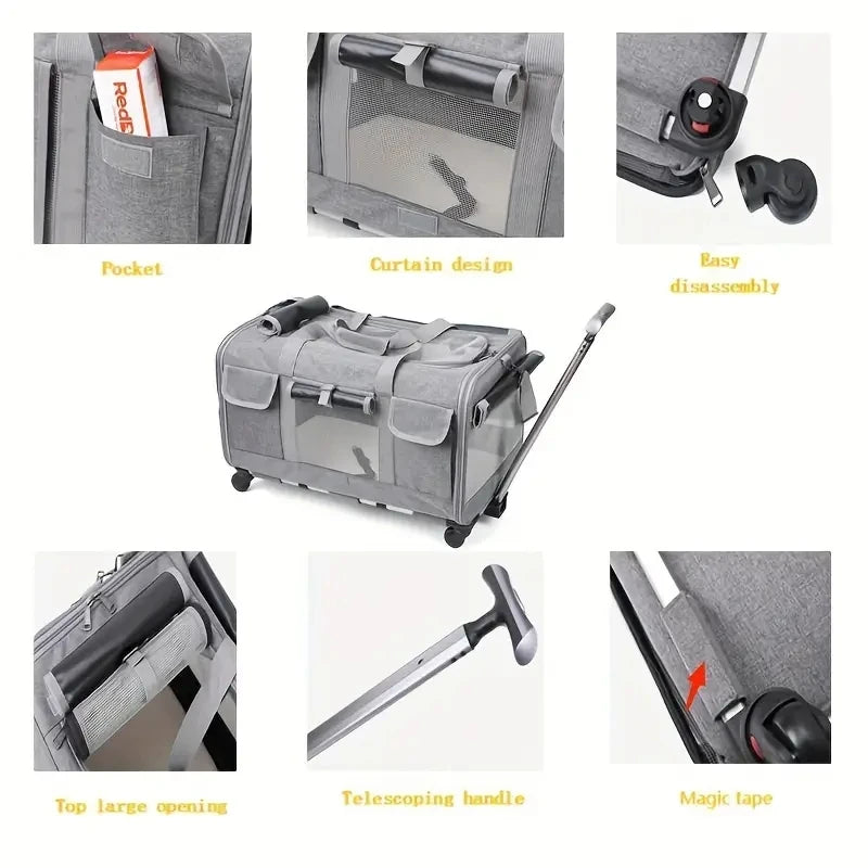 Extra Large Pet Travel Trolley Case, Portable Foldable Dog & Cat Carrier Bag with Detachable Design