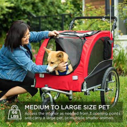 Pet Bike Trailer for Dogs, 2-in-1 Bicycle Carrier & Stroller with Hitch, Suspension and Safety Flag, 66 lb Capacity
