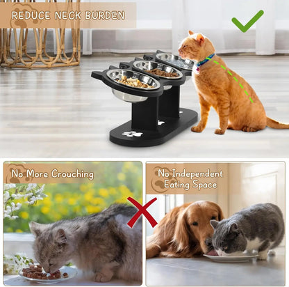 Adjustable Elevated Cat Feeder, Raised Food & Water Bowls with 3 Stainless Steel 15° Tilted Cat Dishes