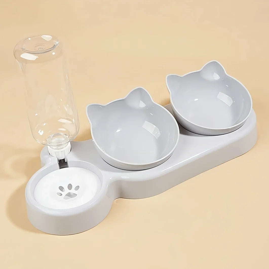 3-in-1 Pet Feeding Bowl with Gravity Water Bottle, Tilted Cat Food & Water Dish with Neck-Friendly Design - Bond Well Supplies