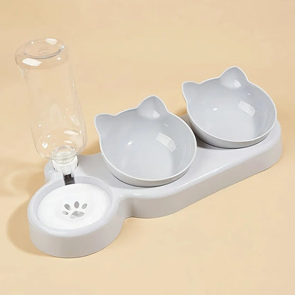 3-in-1 Pet Feeding Bowl with Gravity Water Bottle, Tilted Cat Food & Water Dish with Neck-Friendly Design - Bond Well Supplies