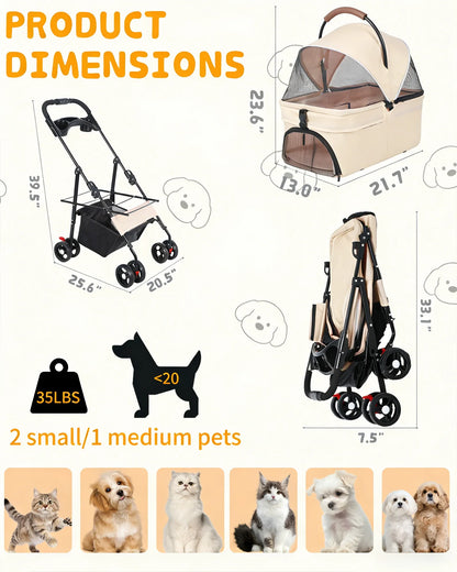 2-in-1 Pet Stroller for Small Dogs and Cats, Foldable with Removable Carrier