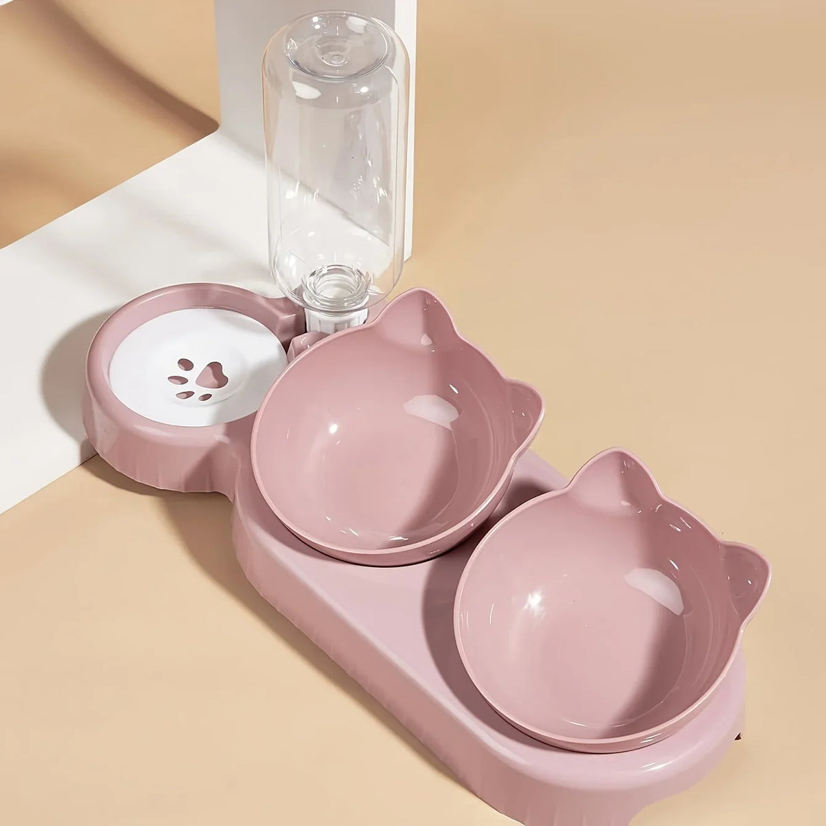 3-in-1 Pet Feeding Bowl with Gravity Water Bottle, Tilted Cat Food & Water Dish with Neck-Friendly Design - Bond Well Supplies