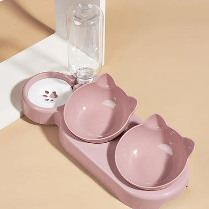 3-in-1 Pet Feeding Bowl with Gravity Water Bottle, Tilted Cat Food & Water Dish with Neck-Friendly Design - Bond Well Supplies