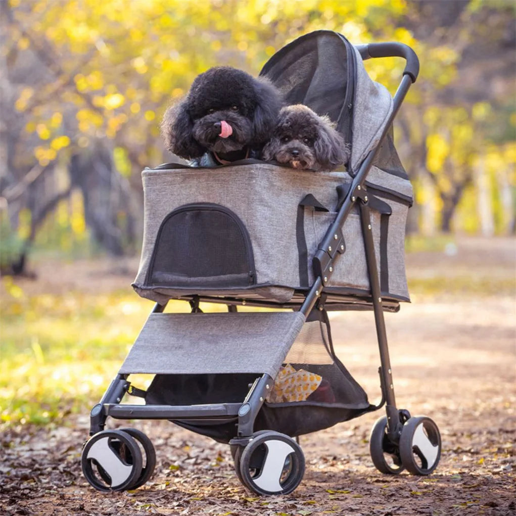 Foldable Pet Dog Stroller, 4-Wheel Travel Carrier for Dogs & Cats with Rain Cover