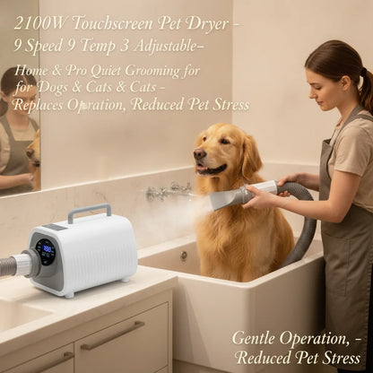 Professional Pet Grooming Dryer, 2100W Dog & Cat Hair Dryer with 9 Speeds, 9 Temperature Settings, 3 Nozzles & 6.56ft Hose