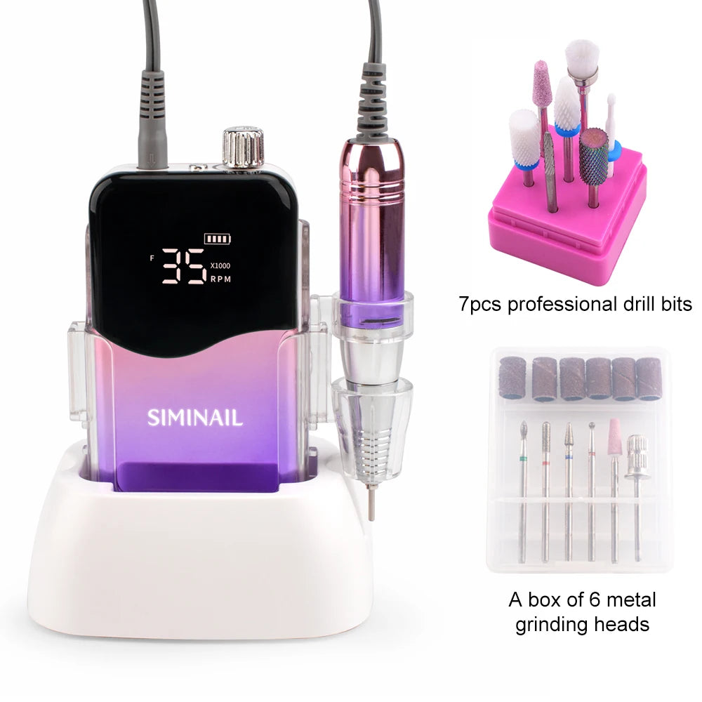 SIMINAIL Rechargeable Nail Drill Machine, 35000RPM Portable Electric E-File with Manicure Bit Set - Bond Well Supplies