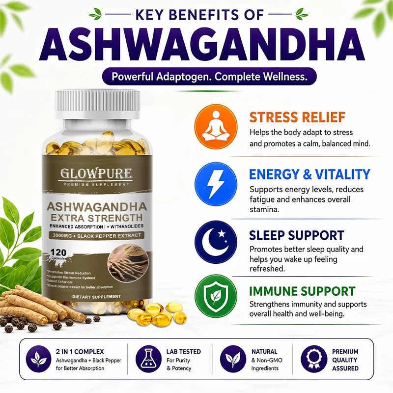 Premium Ashwagandha Root Extract Supplement, Daily Stress, Mood, Sleep, Energy & Focus Wellness Support - Bond Well Supplies