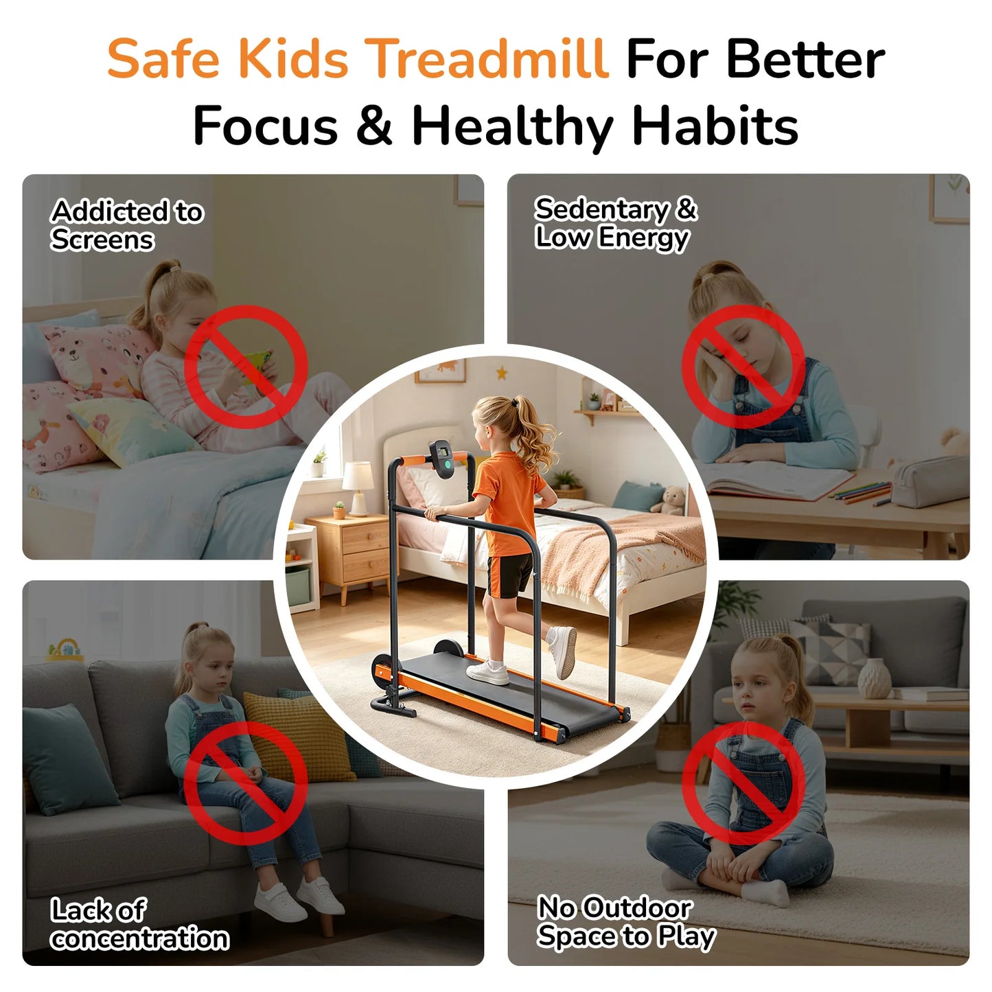 Kids Self-Propelled Walking Pad Treadmill, Non-Electric Indoor Exercise Equipment with Padded Front Handlebar