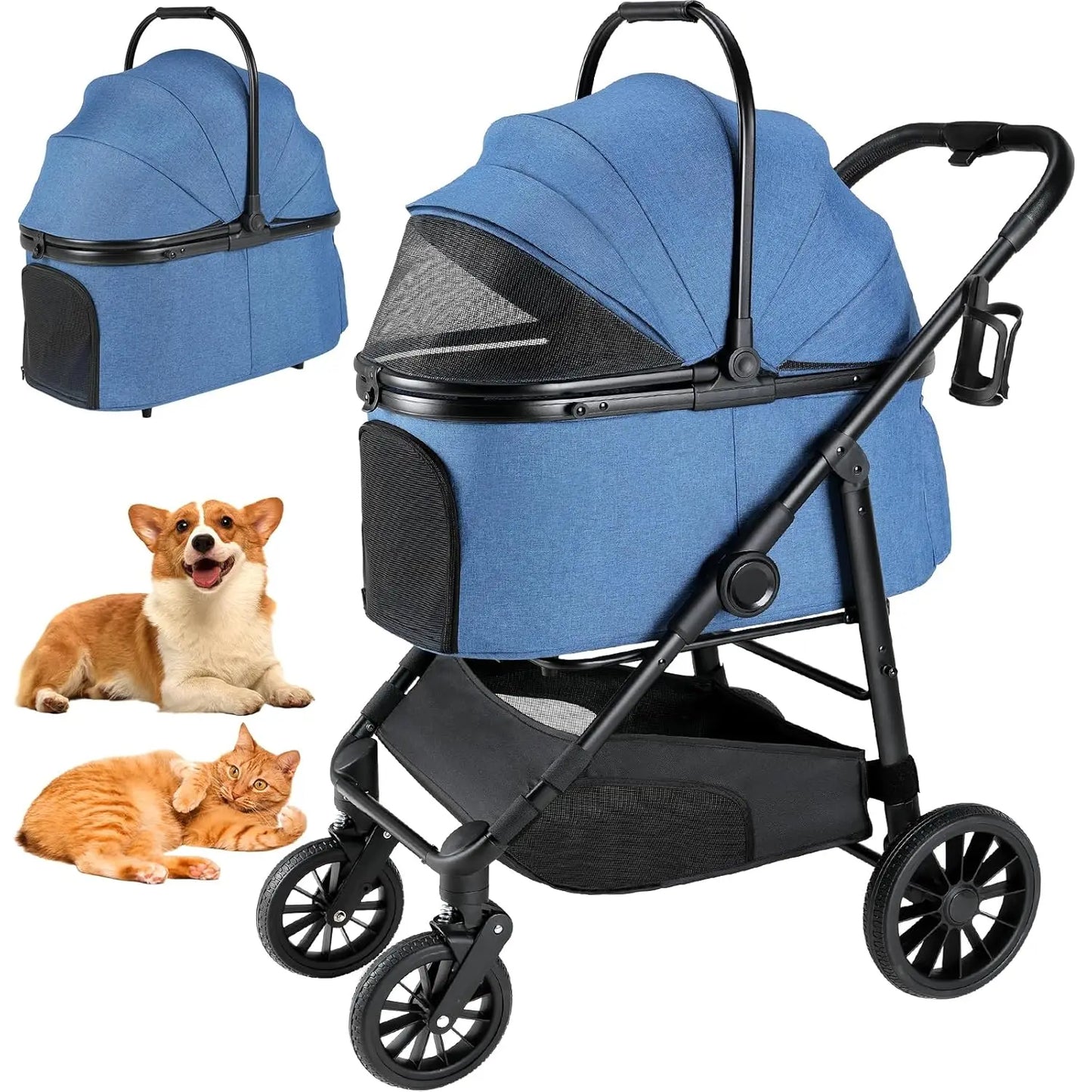 All-Terrain 3-in-1 Dog & Cat Stroller, Foldable Pet Carrier with Storage Basket & Cup Holder for Pets Up to 55 lbs