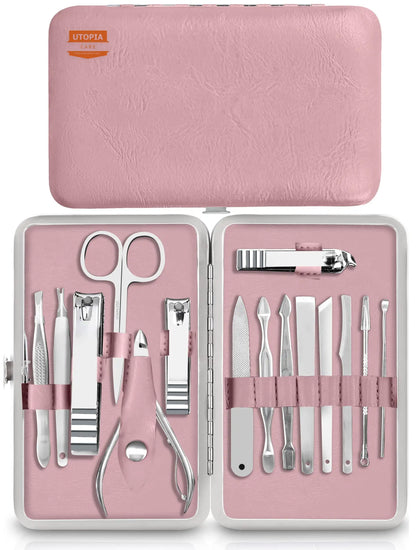 Professional Manicure & Pedicure Set, 15-Piece Nail Clippers & Nail Care Tools with Travel Case, Purple - Bond Well Supplies