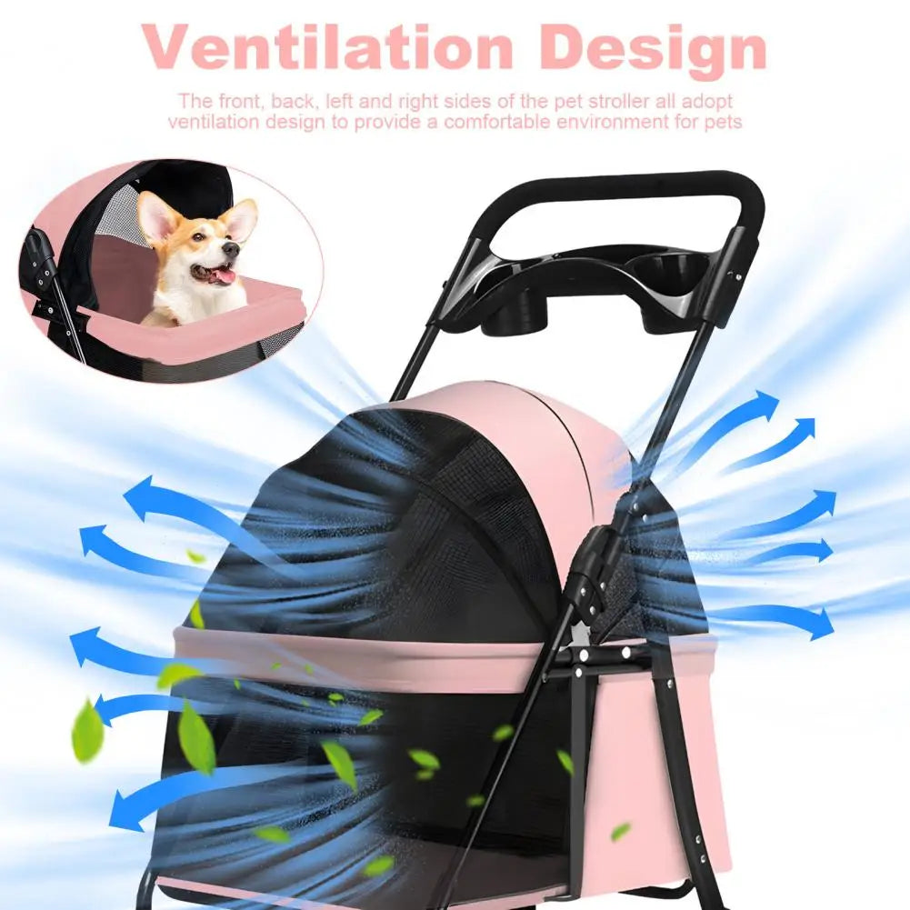 Foldable Dog & Cat Stroller, 4-Wheel Pet Carrier with Visible Window, Breathable Mesh and Cup Holder