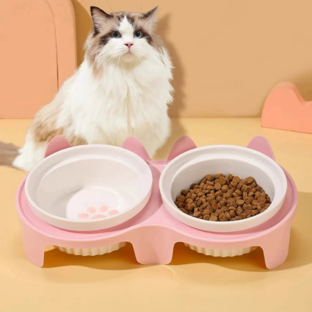 Ceramic Tilted Cat & Dog Feeding Bowl, Separate Food & Water Dishes with Stable Anti-Tip Design - Bond Well Supplies