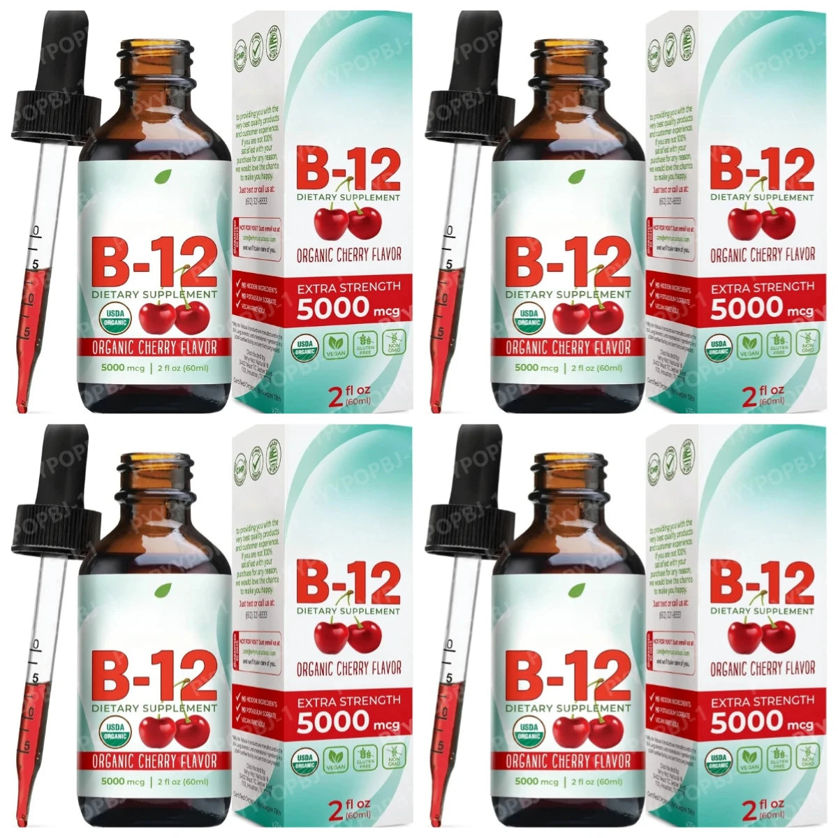 Vitamin B12 Liquid Supplement 5000mcg, Methylcobalamin Sublingual Drops, Cherry Flavor, Vegan & Sugar-Free, 60ml - Bond Well Supplies