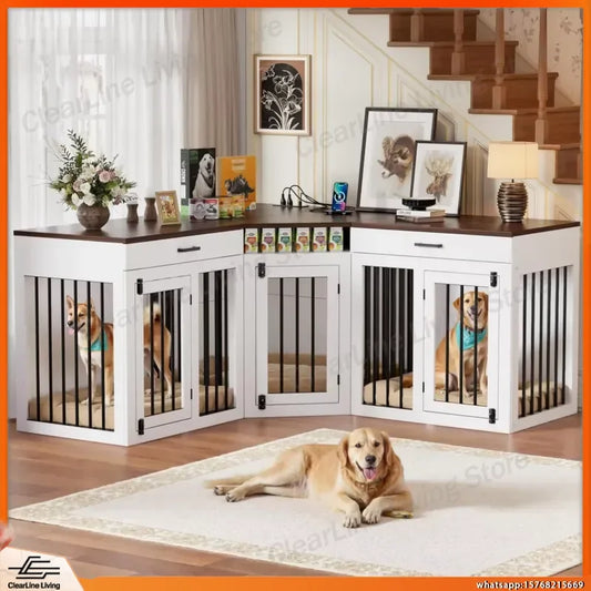 Heavy-Duty Dog Crate Furniture, Wooden Double Kennel with Storage Cabinet, Drawers & Power Outlet - Bond Well Supplies