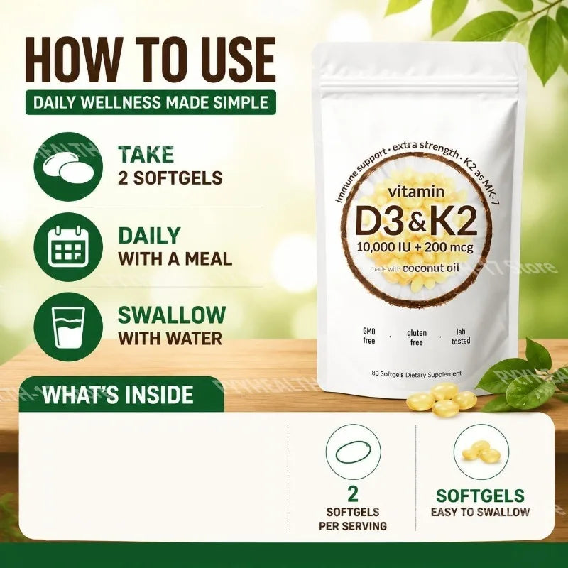 Vitamin D3 K2 Softgels with MK-7 & Coconut Oil, 10,000 IU + 200mcg, Bone & Immune Wellness Support - Bond Well Supplies