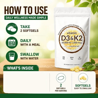Vitamin D3 K2 Softgels with MK-7 & Coconut Oil, 10,000 IU + 200mcg, Bone & Immune Wellness Support - Bond Well Supplies