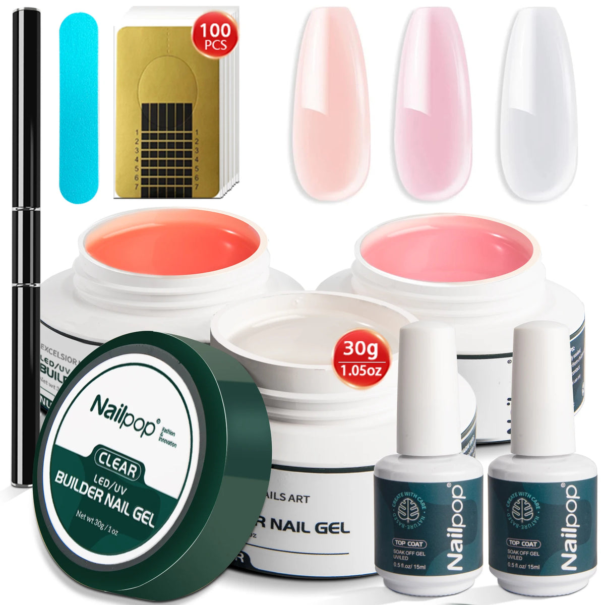 Professional Nailpop Builder Gel Set, 3-Color Pink, Nude & Clear Nail Gel for Manicure - Bond Well Supplies