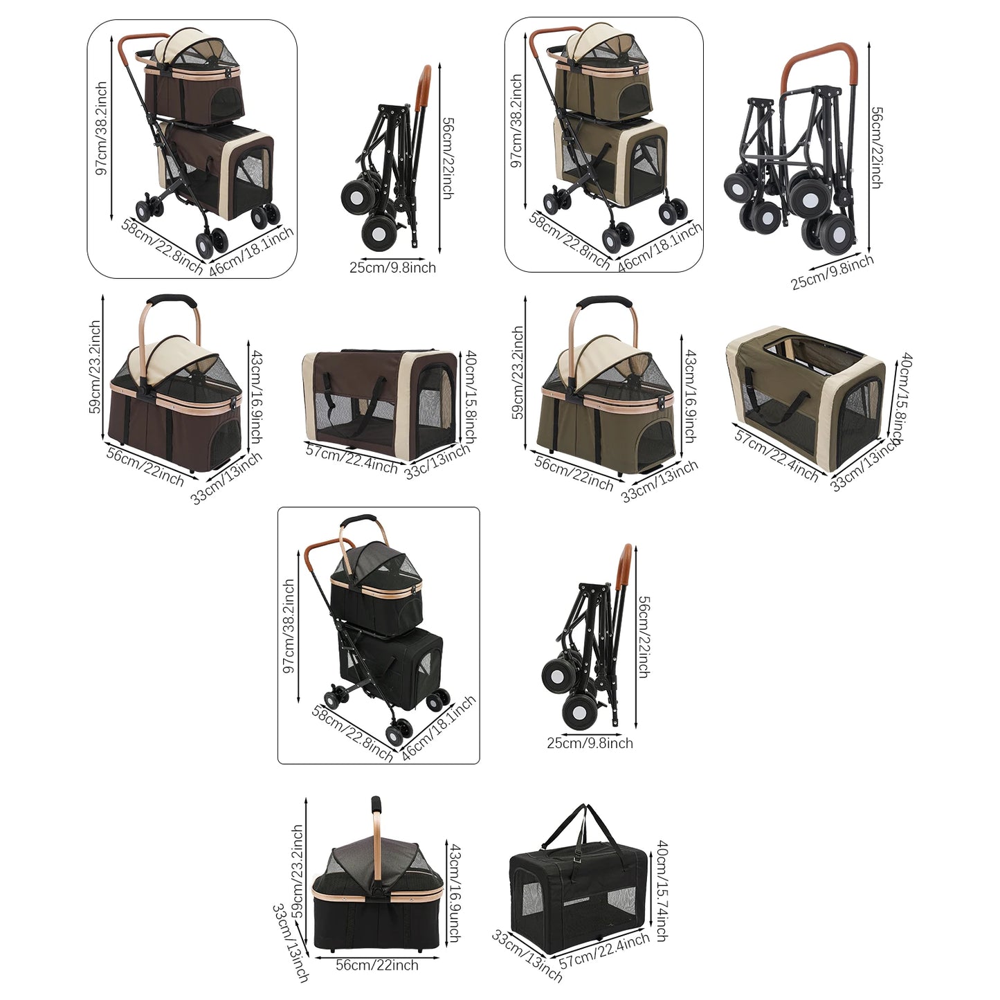 3-in-1 Multifunctional Pet Stroller with 2 Removable Pet Carriers for Small and Medium Dogs