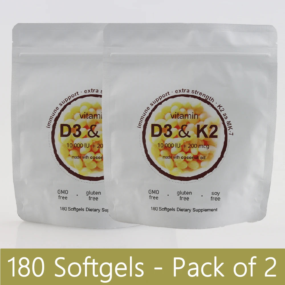 Extra Strength Vitamin D3 K2 Softgels, 10,000 IU D3 & 200mcg MK-7, Virgin Coconut Oil - Bond Well Supplies