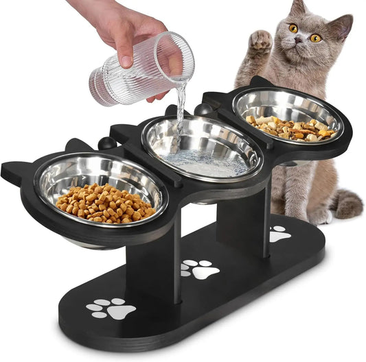 Adjustable Elevated Cat Feeder, Raised Food & Water Bowls with 3 Stainless Steel 15° Tilted Cat Dishes