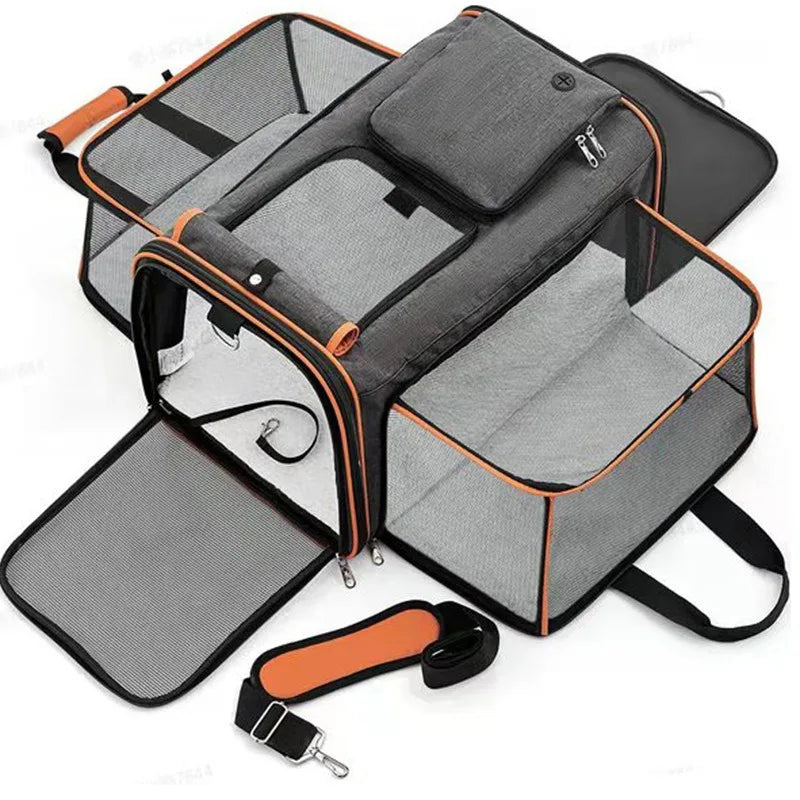 Expandable Pet Carrier for Cats & Small Dogs, Breathable Mesh Travel Tote with Luggage Strap for Car & Travel