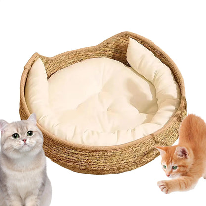 Woven Pet Bed for Cats, Cozy Nest with Soft Cushion & Pillow for Sleeping and Resting - Bond Well Supplies