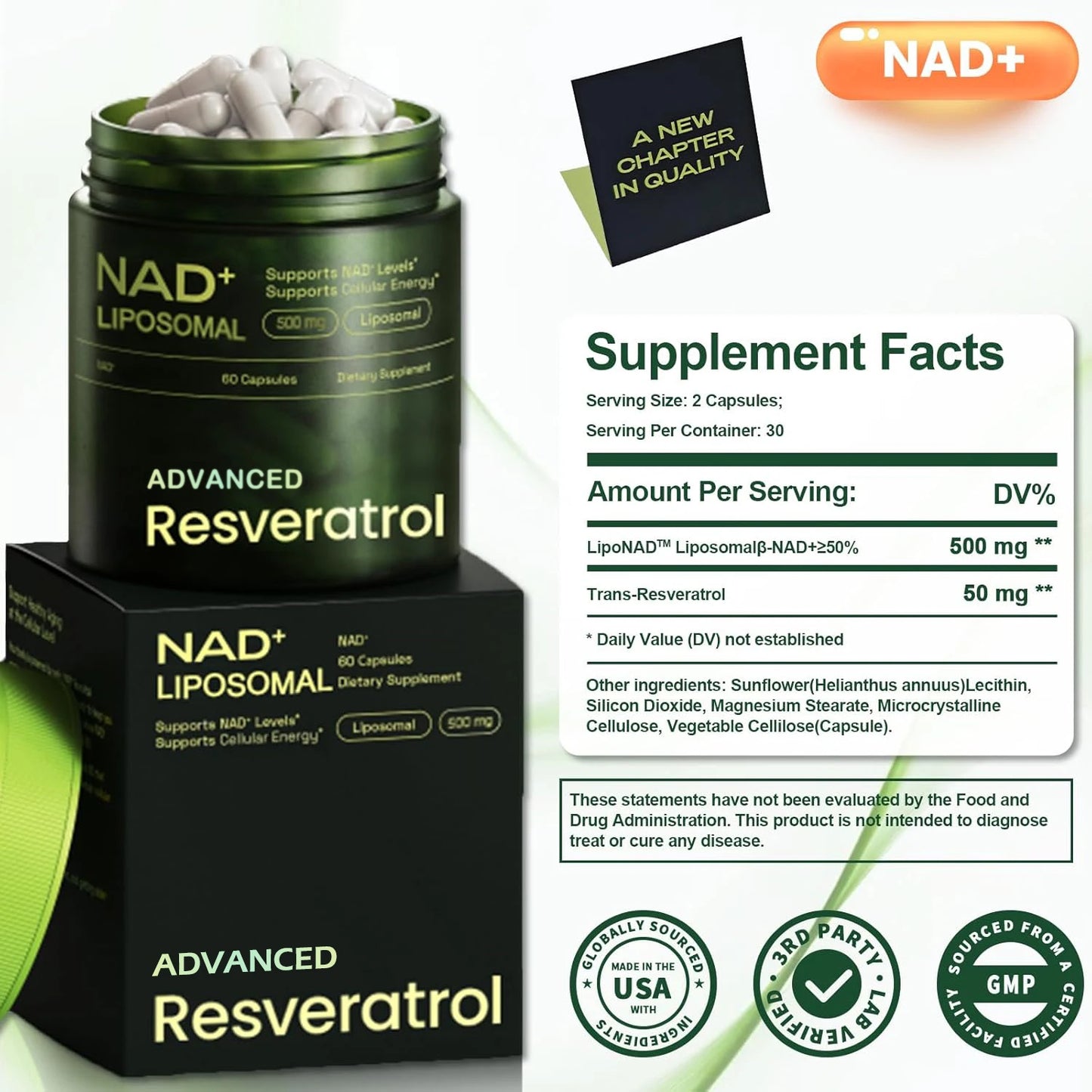 Liposomal NAD+ Advanced Supplement with Resveratrol, NAD Plus Capsules for Brain Function and Cellular Support