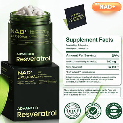 Liposomal NAD+ Advanced Supplement with Resveratrol, NAD Plus Capsules for Brain Function and Cellular Support