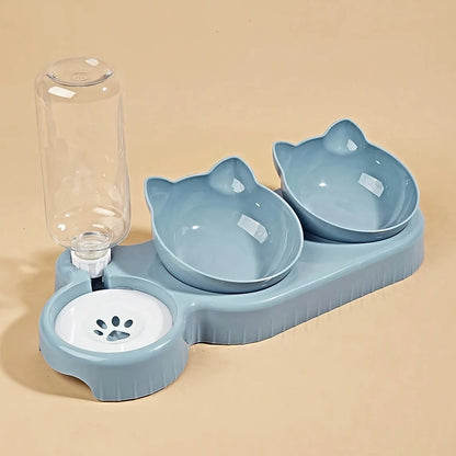 3-in-1 Pet Feeding Bowl with Gravity Water Bottle, Tilted Cat Food & Water Dish with Neck-Friendly Design - Bond Well Supplies