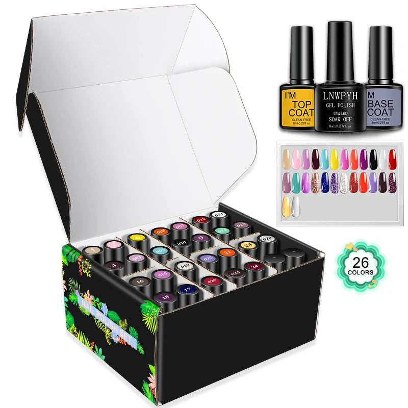 LNWPYH 26-Color Semi-Permanent Gel Polish Set, UV LED Soak-Off Nail Varnish with Base & Top Coat - Bond Well Supplies