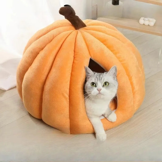 Four-Season Pumpkin Cat Nest, Cozy Enclosed Pet Bed with Soft Mat for Indoor Cats - Bond Well Supplies
