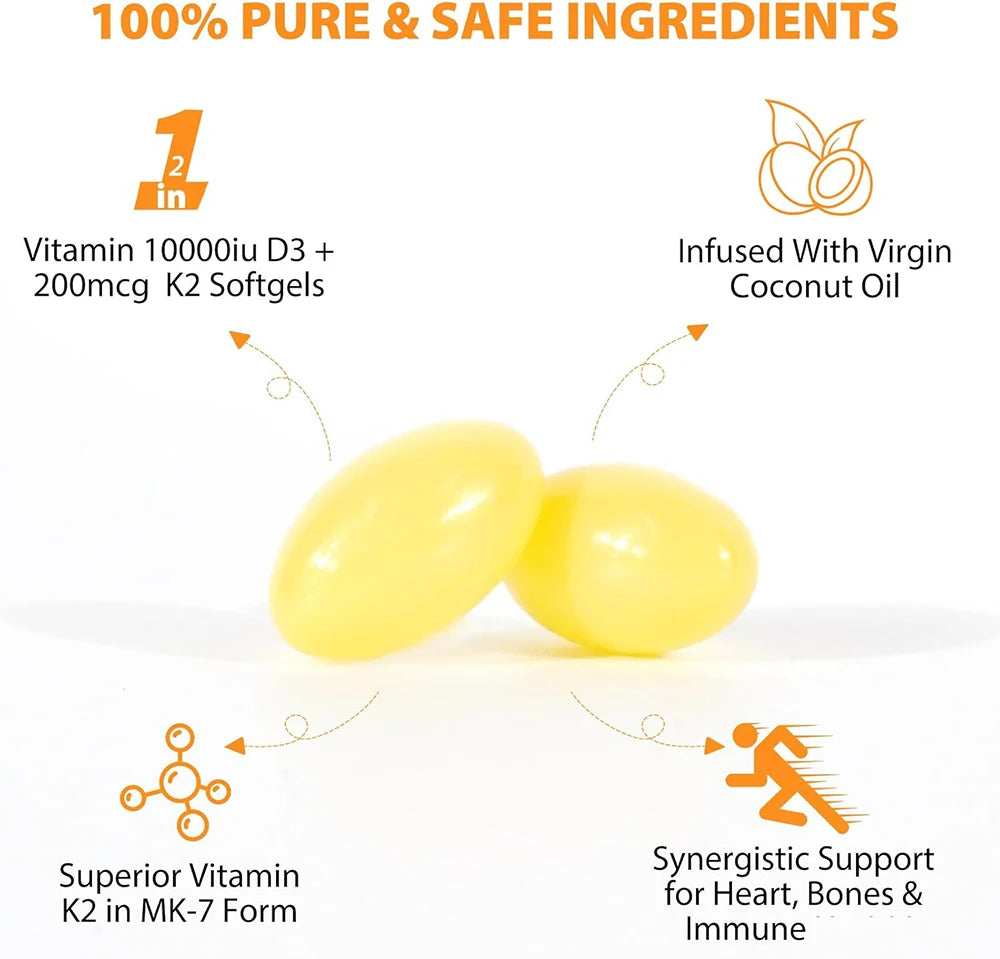 Extra Strength Vitamin D3 K2 Softgels, 10,000 IU D3 & 200mcg MK-7, Virgin Coconut Oil - Bond Well Supplies