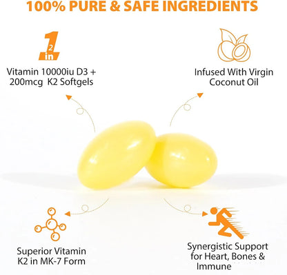 Extra Strength Vitamin D3 K2 Softgels, 10,000 IU D3 & 200mcg MK-7, Virgin Coconut Oil - Bond Well Supplies