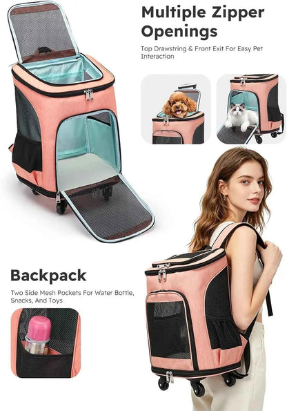 Airline-Approved Pet Carrier Backpack, 3-in-1 Rolling Design with Removable Pad for Cats & Small Dogs
