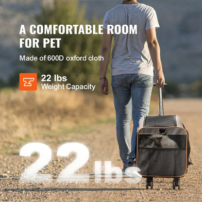 Airline-Approved Rolling Cat Carrier with Wheels, Telescopic Handle and Shoulder Strap