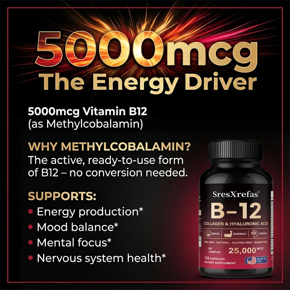 Vitamin B12 with Collagen & Hyaluronic Acid, Daily Energy, Nervous System & Overall Wellness Support SEO-Optimi - Bond Well Supplies